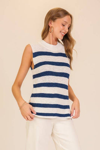 Harbor Stripe Sleeveless Knit Top: Black/Beige / L