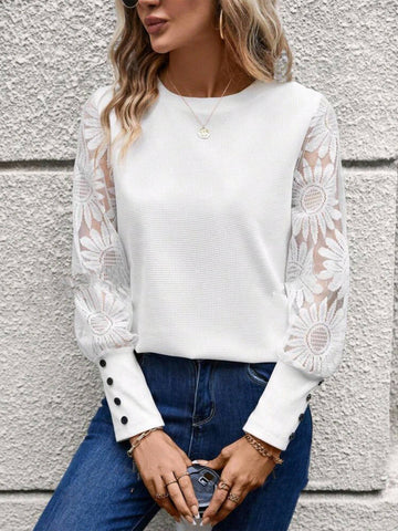 Waffle Button Patchwork Lace Top: Blue / L