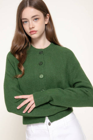 Long Sleeve Round Neck Button Down Sweater Cardigan: GRN-dark green / S