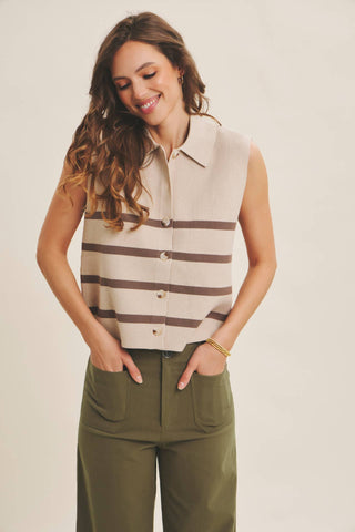 DESERT SUN STRIPE MODERN BUTTON-DOWN SWEATER VEST: TERRACOTTA / L