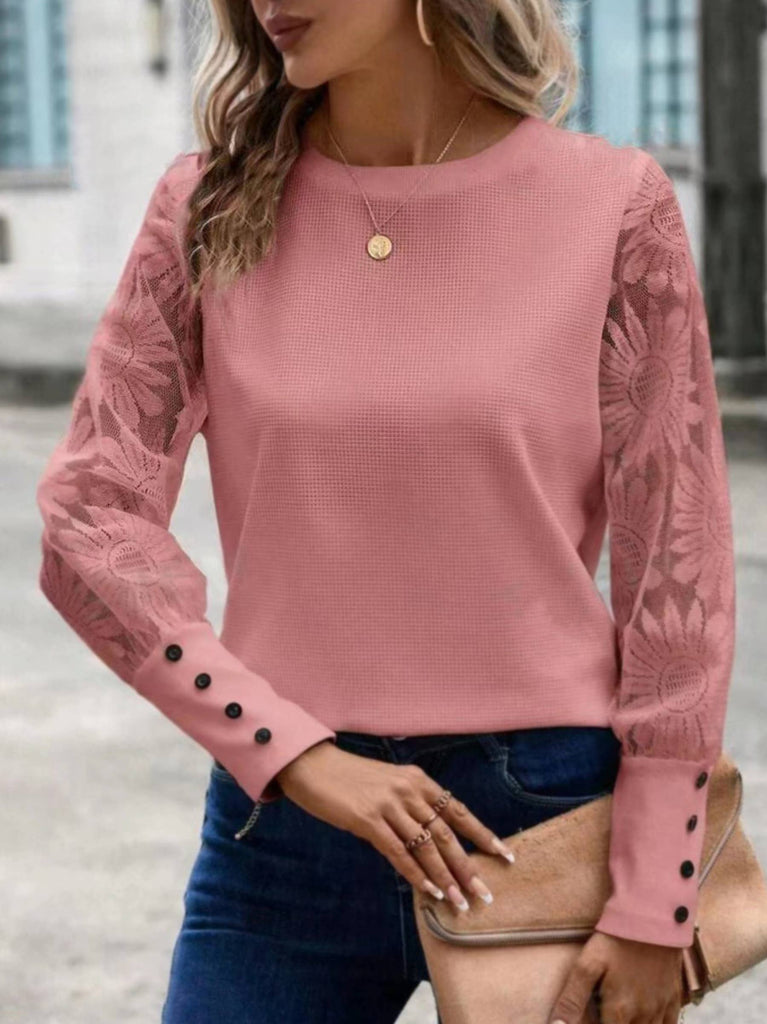 Waffle Button Patchwork Lace Top: Pink / L