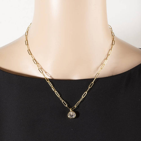 Round Bezel Cz Paperclip Chain Pendant Necklace: GOLD
