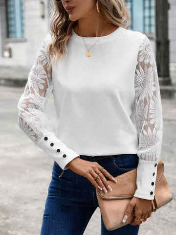 Waffle Button Patchwork Lace Top: Blue / L