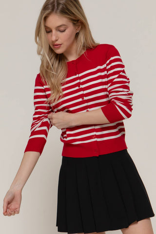 Long Sleeve Crew Neck Stripe Sweater Cardigan: OLV-olive/cream / L