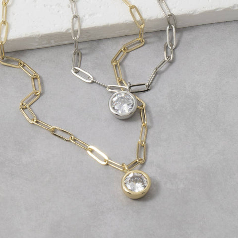 Round Bezel Cz Paperclip Chain Pendant Necklace: GOLD