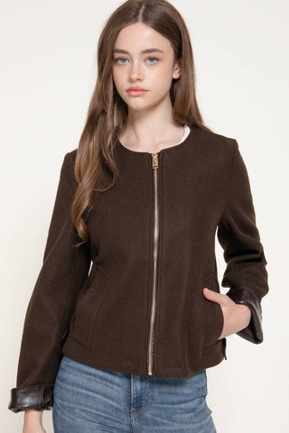 Long Sleeve Round Neck Faux Leather Combination Felt Jacket: BRN-brown / S