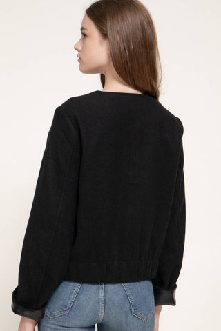 Long Sleeve Round Neck Faux Leather Combination Felt Jacket: KHA-dark oatmeal / S
