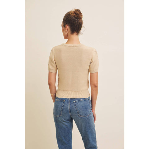 SOFT NOD TO VINTAGE POINTELLE COTTON SWEATER TOP: BEIGE / M