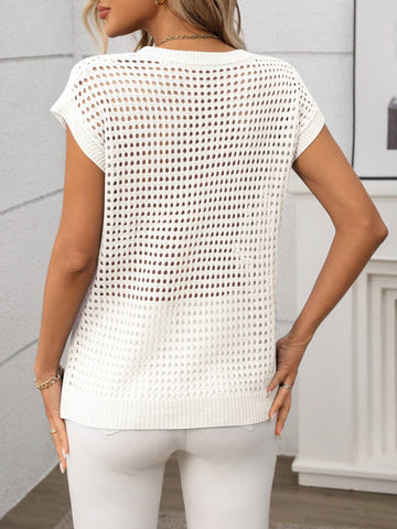 Round Neck Hollow Knitted Sweater Cover: Blue / S