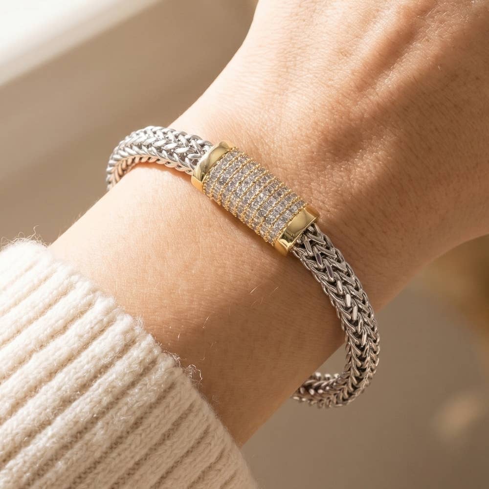 Two Tone Woven Chain Cz Bracelet: T