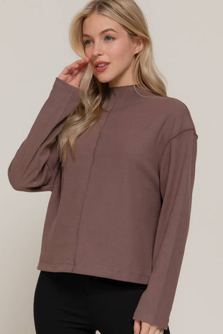 Long Sleeve Visible Overlocked Seams Detail Brushed Rib Top: PNK-blush / S