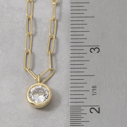 Round Bezel Cz Paperclip Chain Pendant Necklace: GOLD
