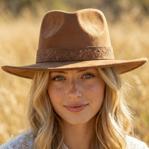 Embroidered Flower Strap Fedora Hat: BR