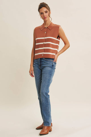 DESERT SUN STRIPE MODERN BUTTON-DOWN SWEATER VEST: TERRACOTTA / M