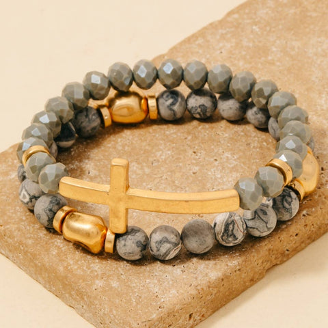 Cross Charm Stone Beaded Bracelet Set: WHWG