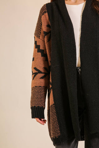 Western Geometric Open-Front Longline Cardigan: Brown/Black / M