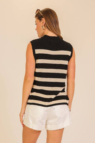 Harbor Stripe Sleeveless Knit Top: Black/Beige / S