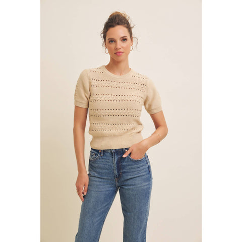 SOFT NOD TO VINTAGE POINTELLE COTTON SWEATER TOP: BEIGE / L