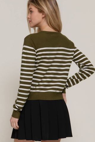 Long Sleeve Crew Neck Stripe Sweater Cardigan: OLV-olive/cream / S