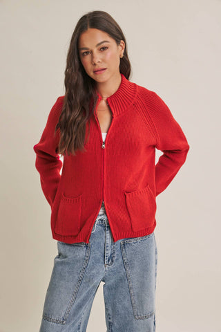 SIMPLE COMFORT 2-WAY ZIP EVERYDAY SWEATER JACKET WITH POCKET: CARAMEL / M