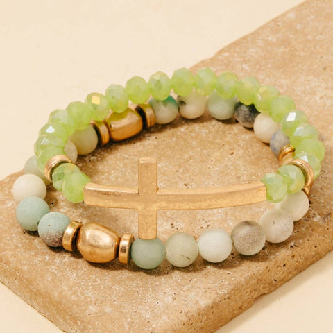 Cross Charm Stone Beaded Bracelet Set: WHWG