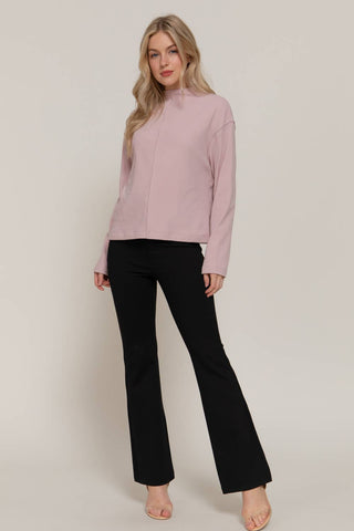 Long Sleeve Visible Overlocked Seams Detail Brushed Rib Top: PNK-blush / S