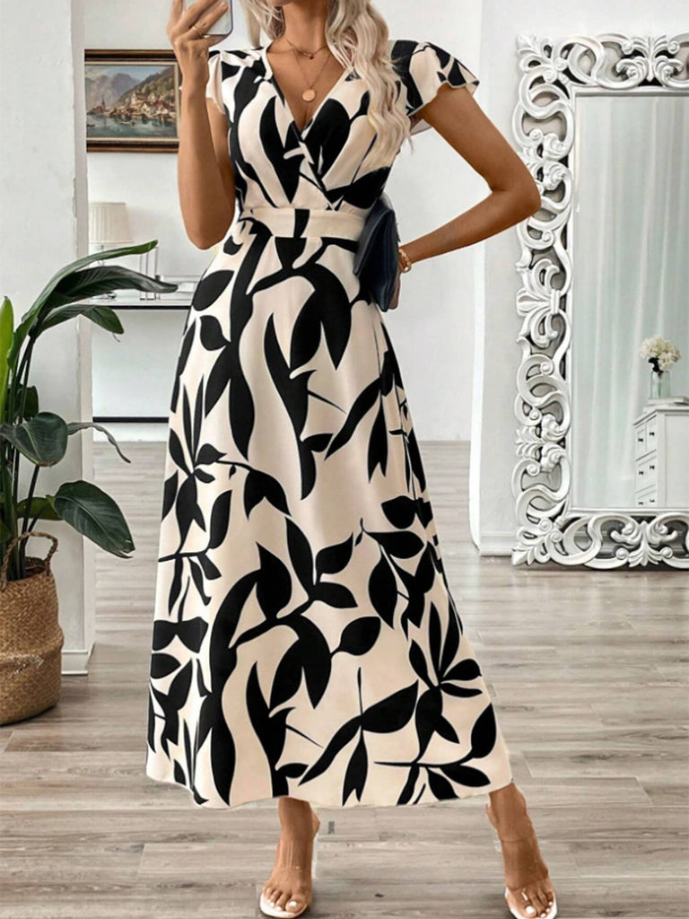 V-neck Printed Dress: Beige / L