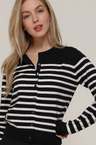 Long Sleeve Crew Neck Stripe Sweater Cardigan: OLV-olive/cream / S