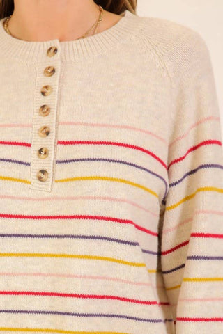 Striped Button-Front Crew Knit Sweater: Natural Multi / S
