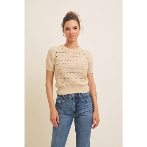 SOFT NOD TO VINTAGE POINTELLE COTTON SWEATER TOP: BEIGE / M