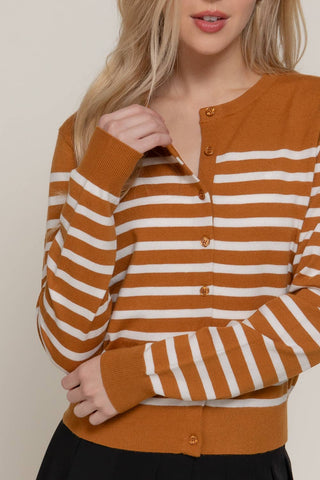 Long Sleeve Crew Neck Stripe Sweater Cardigan: OLV-olive/cream / L