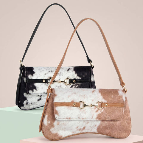 Cow Print Horsebit Flap Shoulder Bag: BR