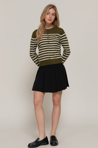 Long Sleeve Crew Neck Stripe Sweater Cardigan: OLV-olive/cream / M