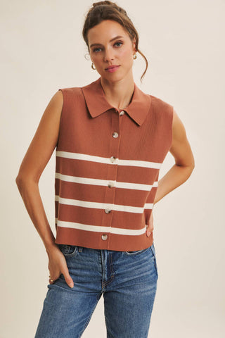DESERT SUN STRIPE MODERN BUTTON-DOWN SWEATER VEST: TERRACOTTA / M