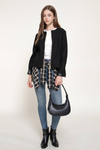 Long Sleeve Round Neck Faux Leather Combination Felt Jacket: BRN-brown / M