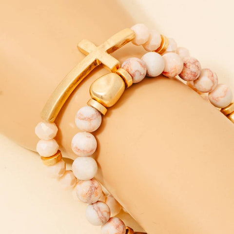 Cross Charm Stone Beaded Bracelet Set: WHWG