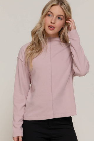 Long Sleeve Visible Overlocked Seams Detail Brushed Rib Top: PNK-blush / S