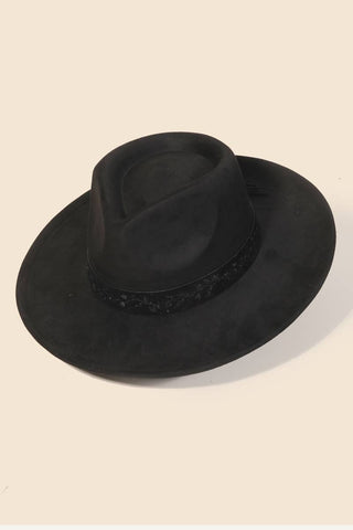 Embroidered Flower Strap Fedora Hat: BR
