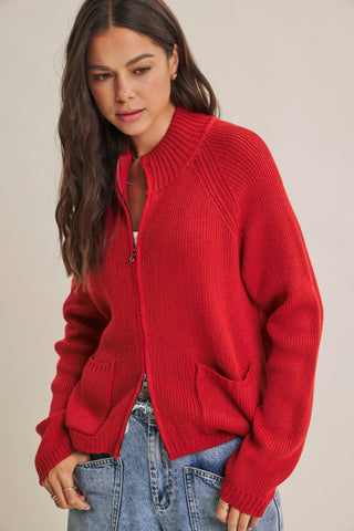 SIMPLE COMFORT 2-WAY ZIP EVERYDAY SWEATER JACKET WITH POCKET: CARAMEL / L