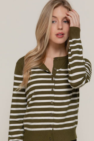 Long Sleeve Crew Neck Stripe Sweater Cardigan: OLV-olive/cream / M
