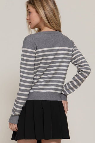 Long Sleeve Crew Neck Stripe Sweater Cardigan: OLV-olive/cream / M