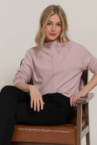 Long Sleeve Visible Overlocked Seams Detail Brushed Rib Top: PNK-blush / S