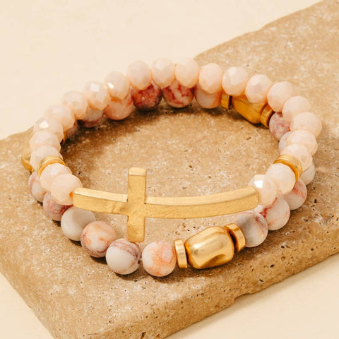 Cross Charm Stone Beaded Bracelet Set: WHWG